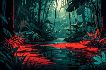 The deep, dark depths of the jungle vector painting art illustration images.
