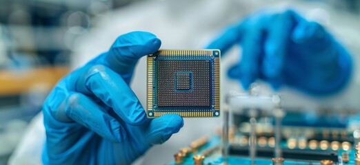 Poster - Close-up of blue gloved hands holding a microchip in a laboratory
