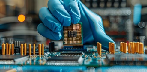 Poster - Close-up of a gloved hand holding a CPU chip over a motherboard in a high-tech laboratory