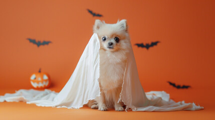 Wall Mural - A white dog, dressed in a white sheet, sits on an orange background with black bats and a jack-o-lantern