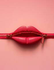 Wall Mural - Lips with a zipper on a pink background.Minimal creative make up and fashion concept.Flat lay