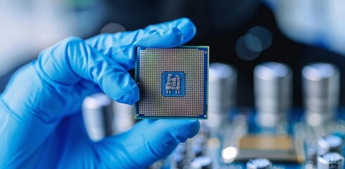 Poster - Close-up of a technician holding a computer processor inside a laboratory setting