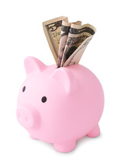 Poster - Pink piggy bank with money on white background