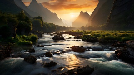 Wall Mural - Beautiful mountain landscape with river at sunset. Panoramic view