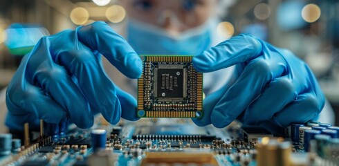 Poster - Technician handling a microchip in a laboratory setting with protective gloves