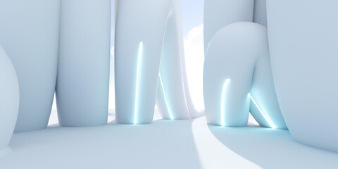 Poster - Abstract white interior with blue glowing lines 3d render illustration