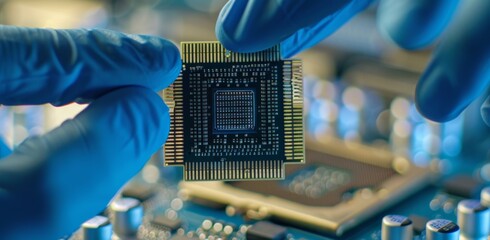 Poster - Close-up of a technician holding a microchip over a circuit board in a lab setting