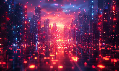 Poster - Futuristic Cityscape with IoT Network Visualization at Sunset Showing Digital Connectivity and Smart City Technology