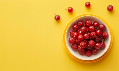 Wall Mural - White bowl with red berries on a bright yellow background