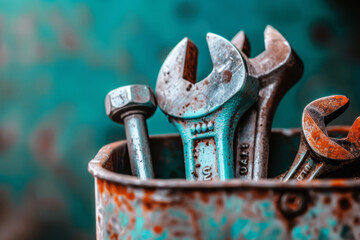 Toolbox with wrench on stone background.