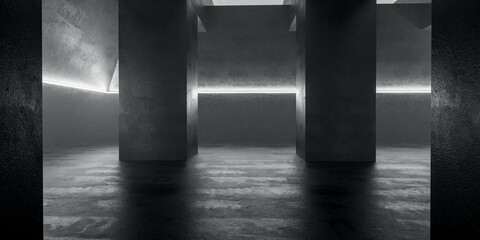Poster - Modern concrete room with minimalist lighting 3d render illustration