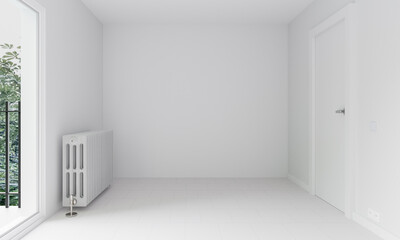 Poster - Empty white room with radiator and doorway 3d render illustration