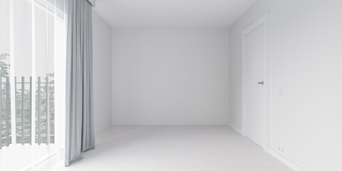 Poster - Empty white room with window and door in modern apartment 3d render illustration