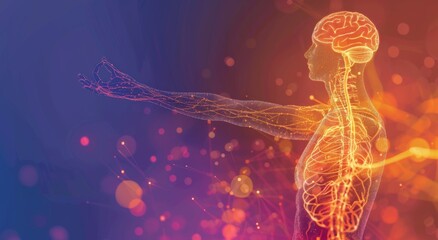 Poster - Illustration of a human nervous system with focus on brain and neurons in vibrant colors