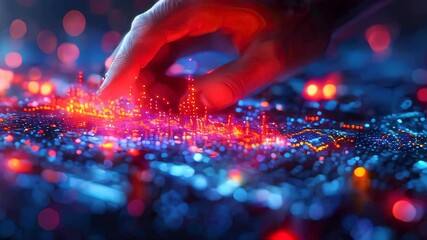 Poster - Finger touching digital hologram. Futuristic technology concept