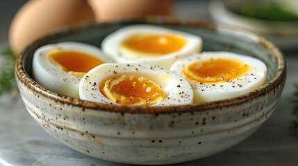 Wall Mural - Close-Up of Perfectly Cooked Soft-Boiled Eggs with Pepper in a Ceramic Bowl