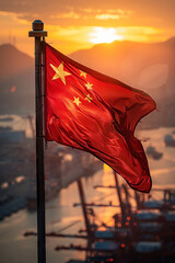 Wall Mural - The Chinese Flag Flutters Proudly Over A Busy Port City