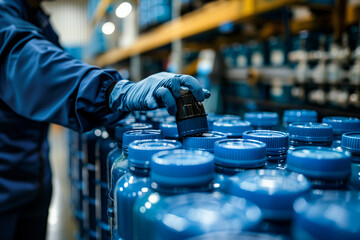 Poster - A Worker in Blue Gloves Carefully Places a Cap on a Container of Chemical Product in a Warehouse