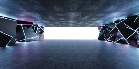 Poster - Modern concrete tunnel with neon lights and geometric shapes 3d render illustration
