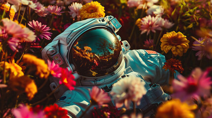 Wall Mural - psychedelic surreal depiction of astronaut resting among flowers