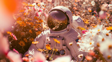 Wall Mural - psychedelic surreal depiction of astronaut resting among flowers