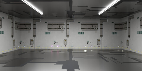 Poster - Empty room with white walls and fluorescent lighting 3d render illustration
