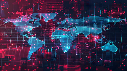 Poster - Digital World Map With Red and Blue Data Points