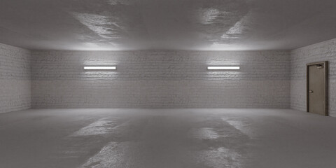 Poster - empty concrete room with three lights and a door 3d render illustration