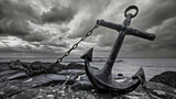 A large marine anchor made of pure steel, held by steel cables; this anchor is used for anchoring ships.
