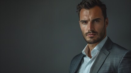 Wall Mural - Confident Businessman Portrait, Dark Background, Sharp Suit, Professional Headshot, Serious Expression, Corporate Profile, Studio Lighting, Copy Space