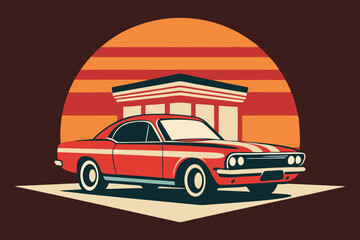 A t-shirt design with a vintage muscle car in front of a retro diner backdrop. t-shirt design like round