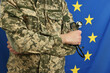 © New Africa - Man in military uniform with crossed arms and stethoscope against flag of European Union, closeup. Health care concept