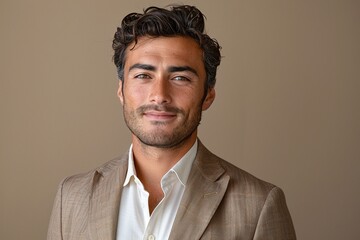 Wall Mural - Portrait of a young man in a beige blazer on a beige background. Studio photography. Fashion and lifestyle concept.