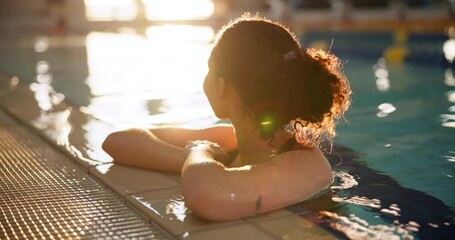 Poster - Water, girl and athlete in pool, relax and thinking of competition, wellness and dream of gold medal. Rest, training and break for woman, routine and performance of swimming for sports and healthy