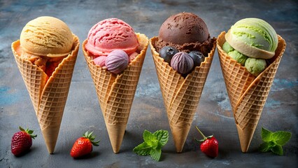 Set of four various ice cream scoops in waffle cones