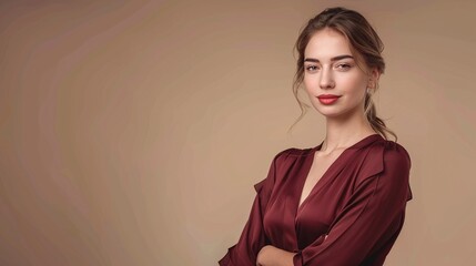 Wall Mural - Portrait of a young woman in a maroon dress on a beige background. Studio photography. Fashion and lifestyle concept.