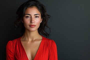 Canvas Print - Portrait of a young woman in a red dress on a dark background. Studio photography. Fashion and lifestyle concept.