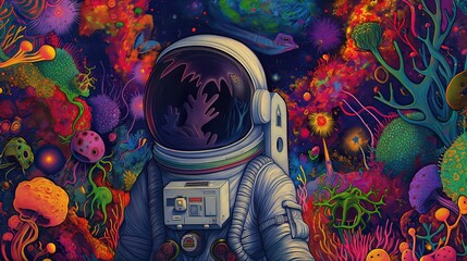 Wall Mural - psychedelic surreal abstract illustration of astronaut adventure on wild savage planet