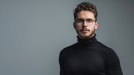 Canvas Print - Portrait of a young man with glasses in a black turtleneck on a grey background. Studio photography. Fashion and lifestyle concept.