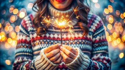 Beautiful woman hands holding sparkler lights, cozy, bright winter sweater, can be used as background 