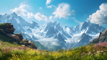 Wall Mural - Panoramic view of mountains and meadow with flowers in summer