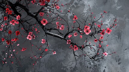 Poster - Pop art of black flowering tree branches on dark gray background with apple blossom