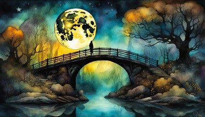 Sticker - A bridge at night with a full moon and a slightly creepy landscape. 