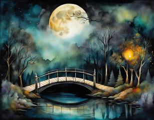 Sticker - A bridge at night with a full moon and a slightly creepy landscape. 