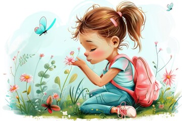 Little girl with ponytail and backpack sitting on the grass and smelling wildflowers, watercolor painting depicting a serene scene with butterflies and flowers in a meadow.