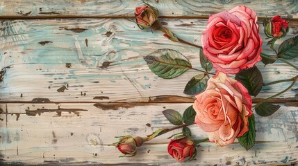 Poster - Tea roses on a vintage wood background for wedding greeting and invitation card