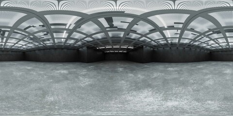Poster - 360 degree panorama of an empty industrial space with a geometric ceiling vr environment map