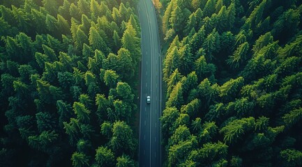 Sticker - An aerial view of a road that is surrounded by forest on either side, going through the mountains, with a car driving on it.