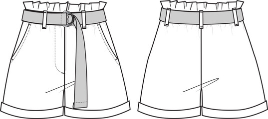 Sticker - Women's Belted Shorts. Technical fashion illustration with side pockets. Front and back, white colour. Women's CAD mock-up.