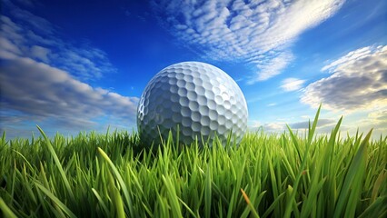 conceptual 3D golf ball on green grass over a blue sky